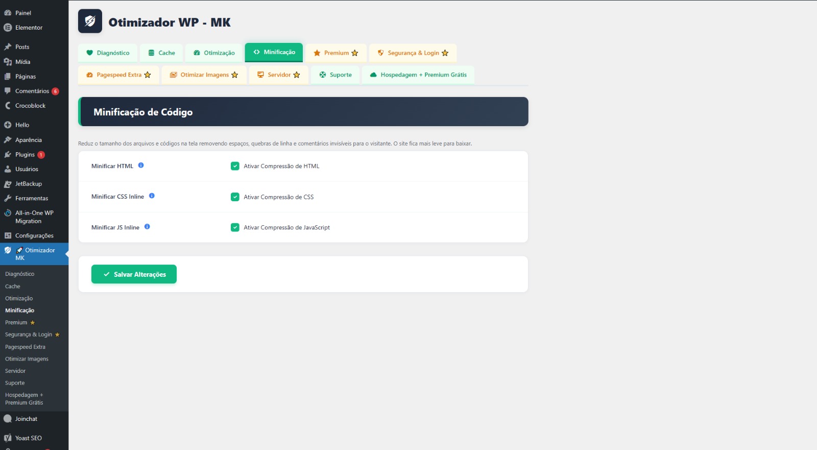Aba Minificação do plugin