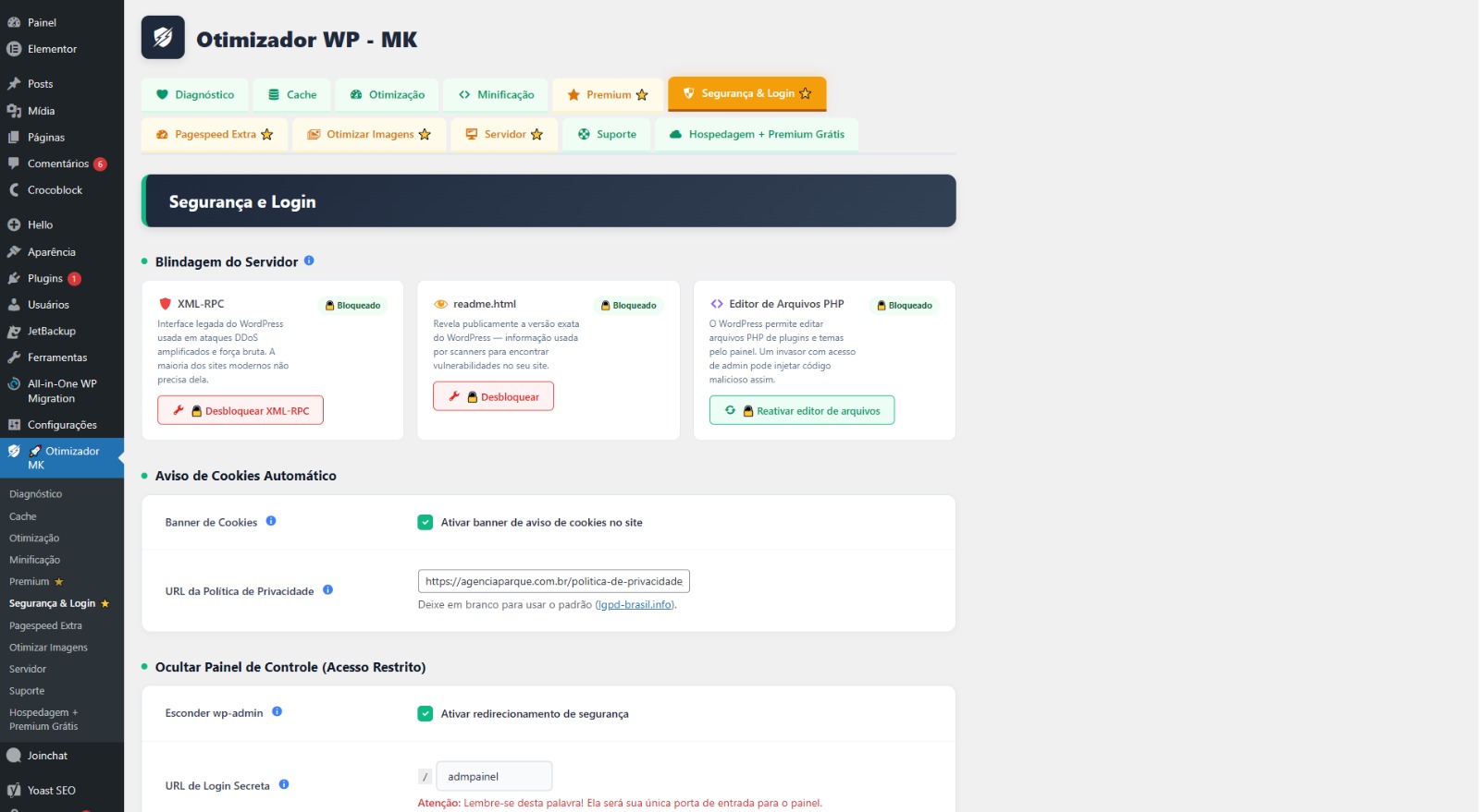 Aba Segurança do plugin